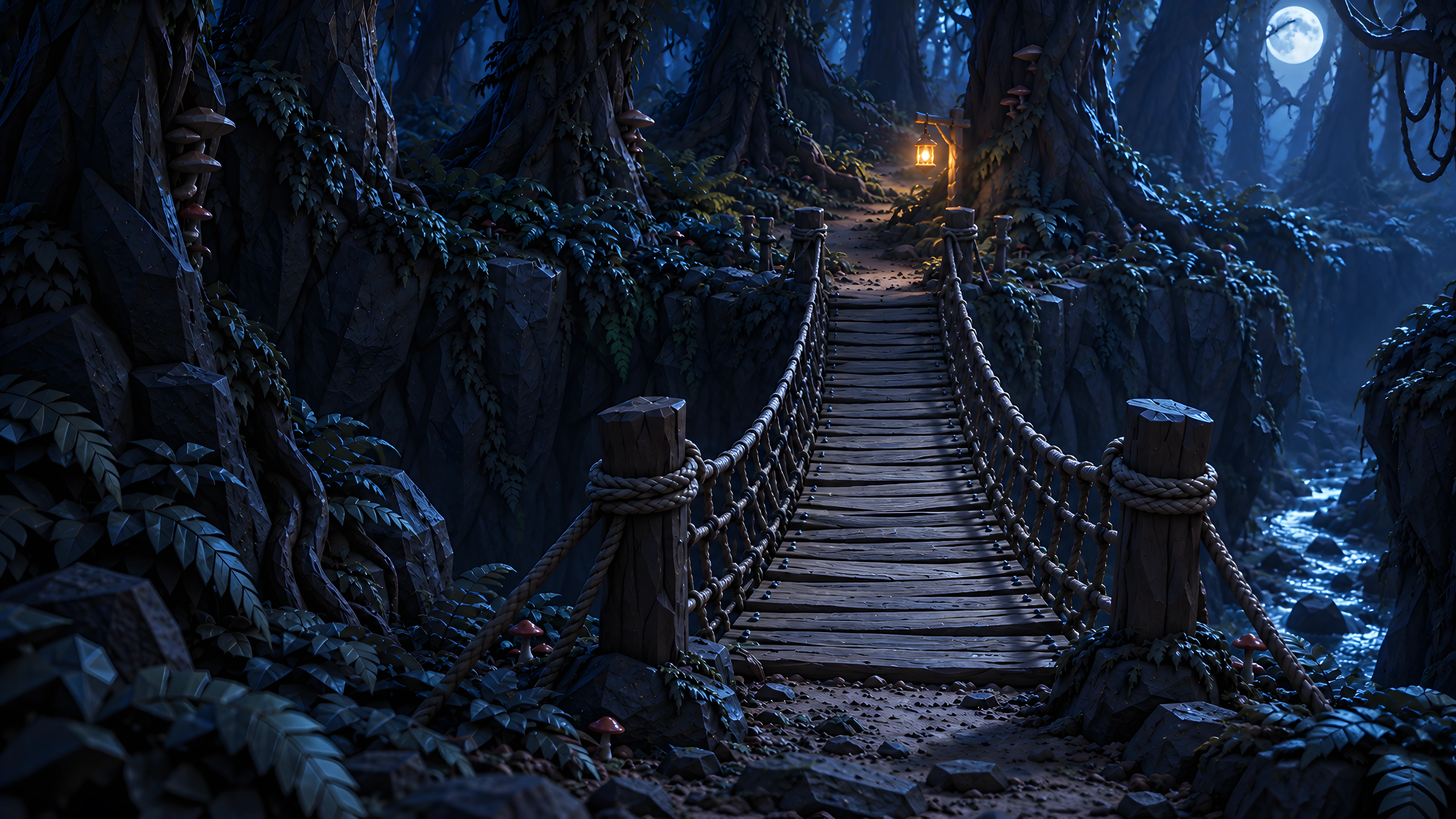 A rope bridge leading across a forest river toward a lantern.