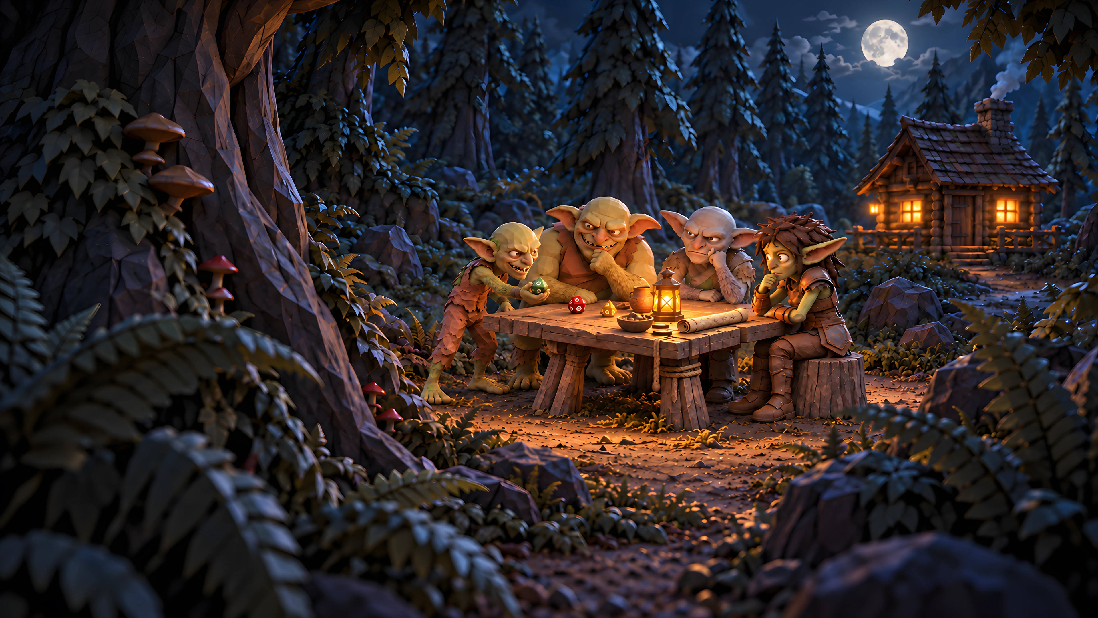 Four goblins gathering around a table of dice near the cabin.