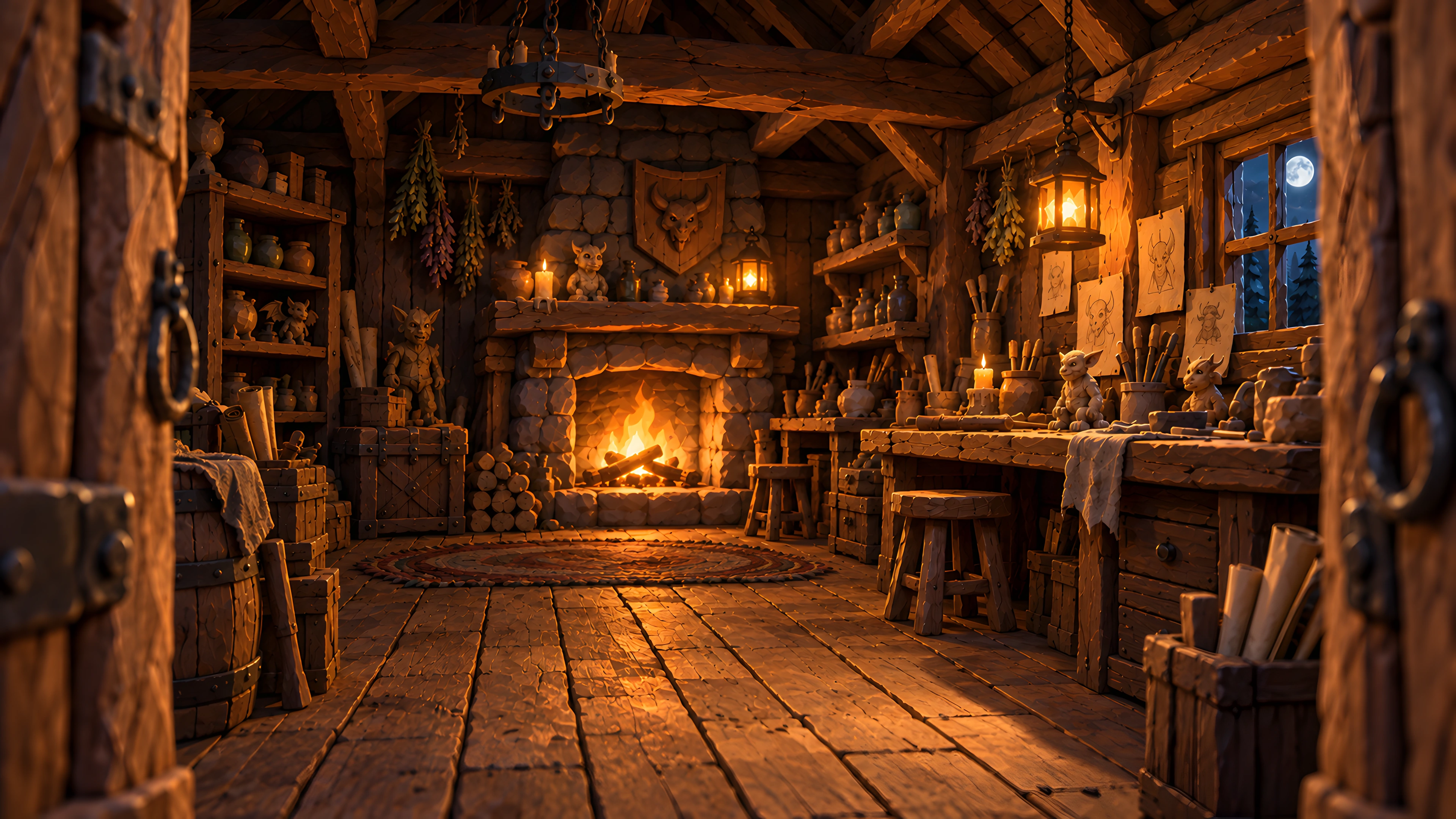 Inside the shack, warm light falls across wooden workbenches, sketches and small clay creatures.