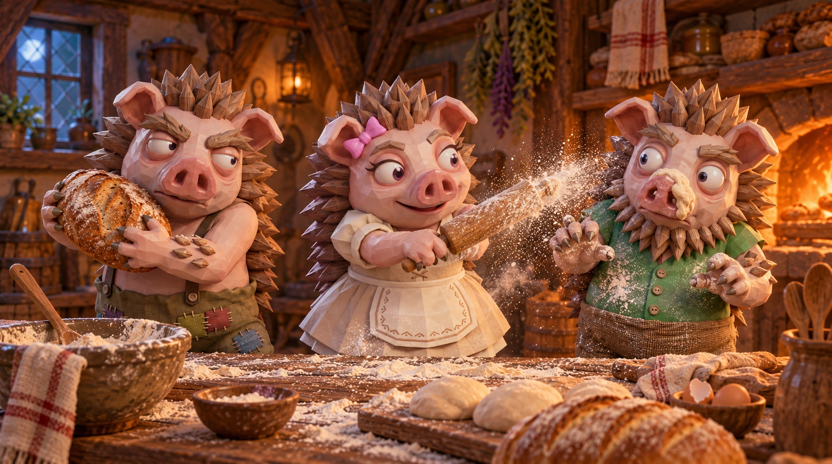 Three pig-like Heg creatures cause a baking mishap: one sneaks a loaf, another scatters flour with a rolling pin, and the elder has dough stuck to his snout.