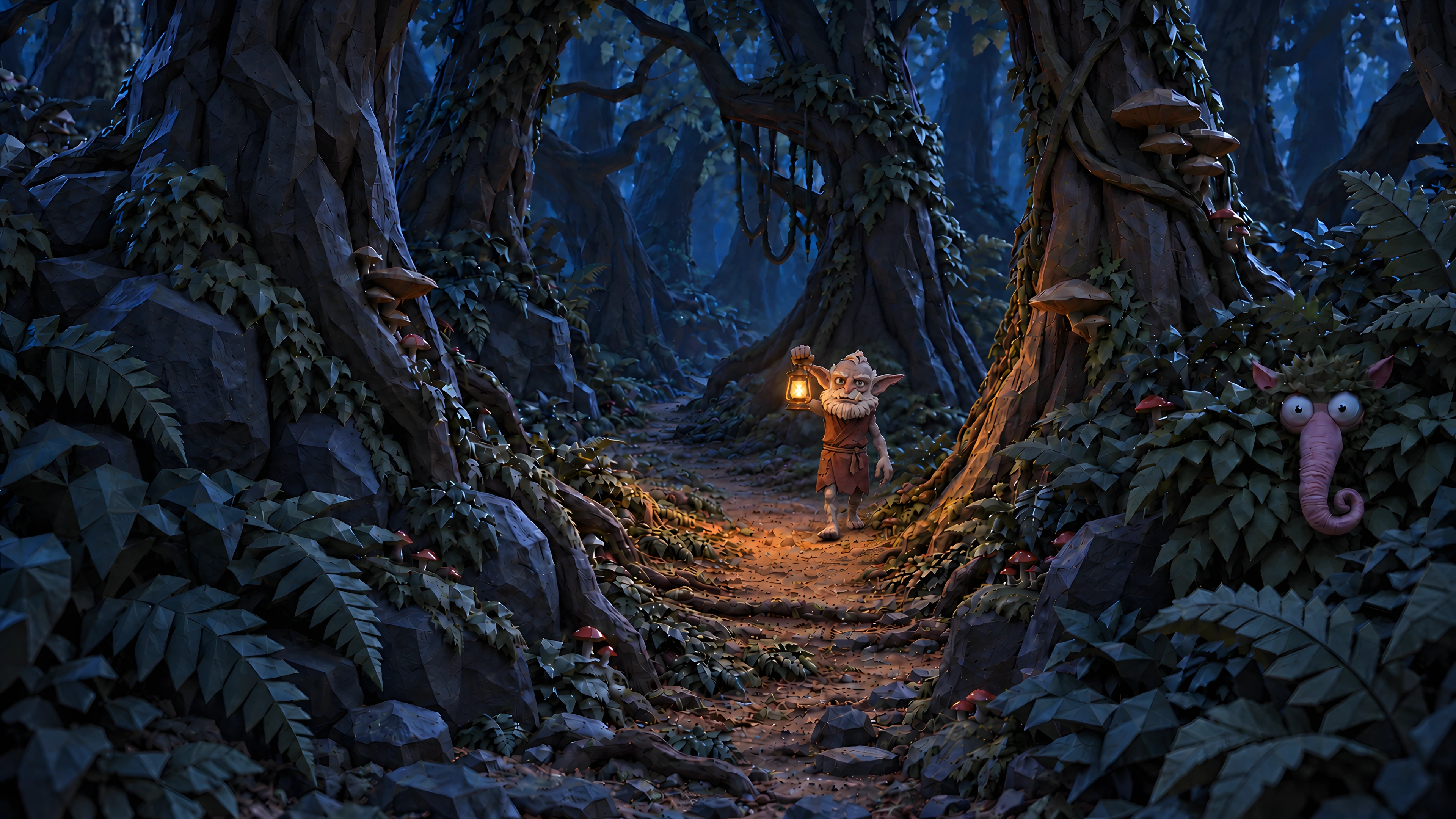 A trog carrying a lantern along a moonlit forest path.